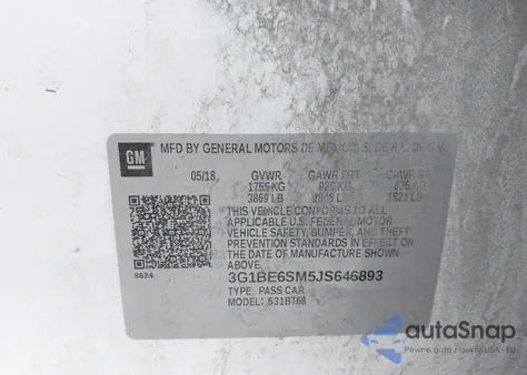 2018 Chevrolet Cruze Lt Auto from USA, damaged, VIN 3G1BE6SM5JS646893